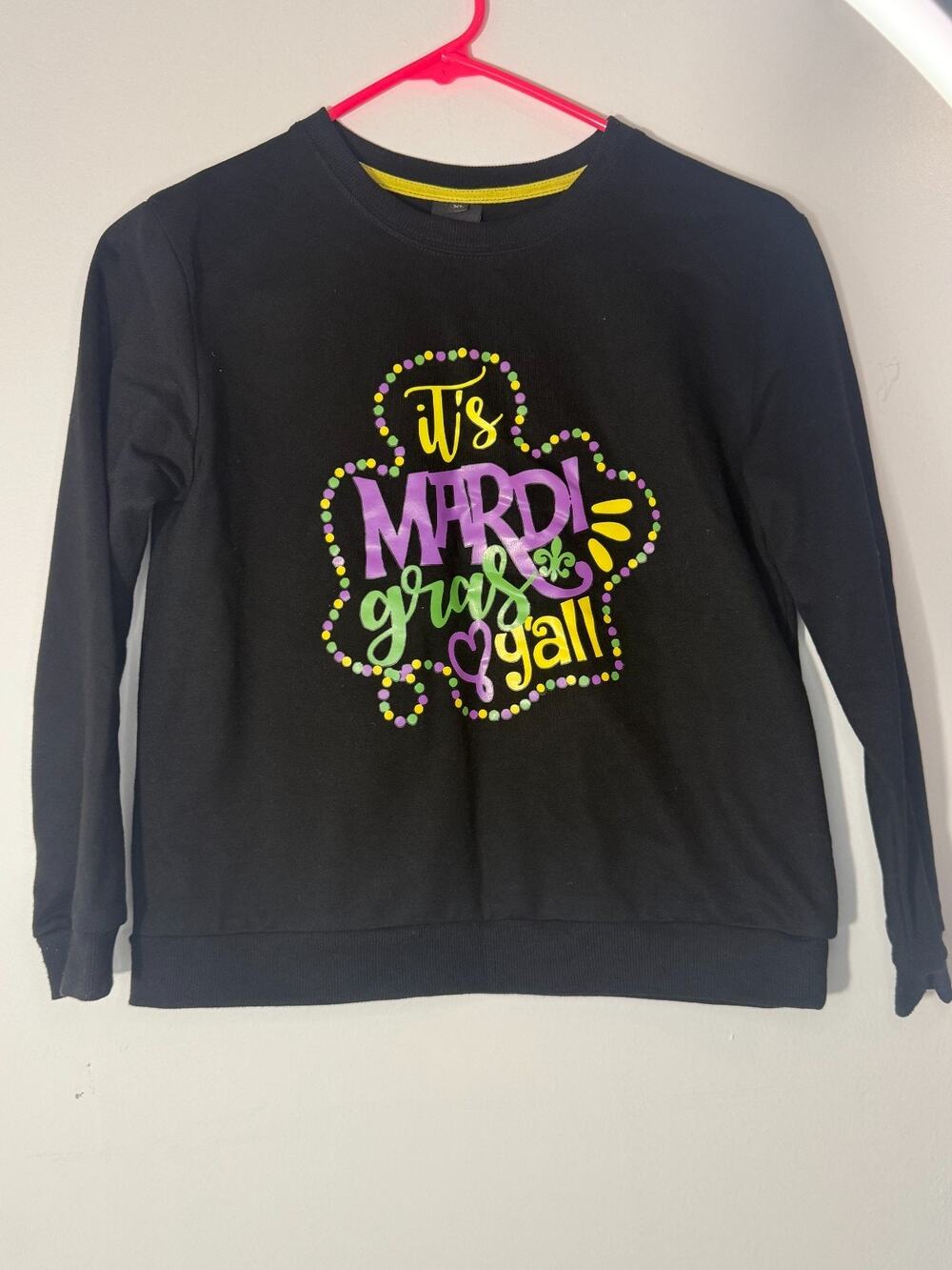 Kids XL Mardi Gras Long Sleeve T Shirt Black “It’s Mardi Gras Y’all” Graphic Tee